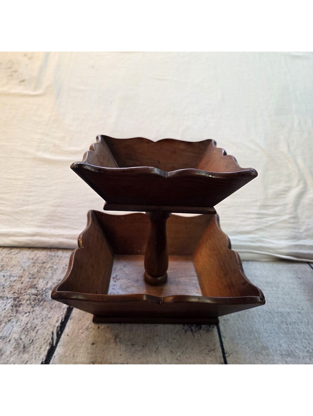 Vintage Two Tier SOLID Wood Tidbit Organizer Tray